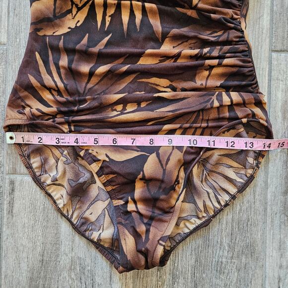 Miraclesuit One Piece Swimsuit Size 14 Brown Tropical Leaf Underwire Ruched - Picture 3 of 10